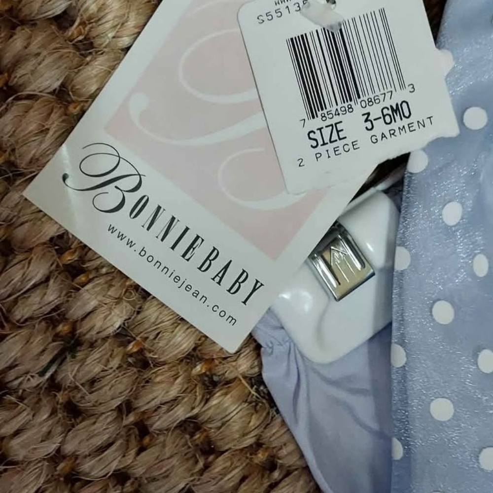NWT Bonnie Baby 2 Pc Blue and White Polkadot Pinafore Dress Set ~3-6M - Picture 4 of 4